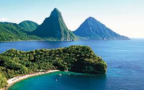 Description: Land and sea: admire the spectacular Pitons from a fabulous white-sand beach